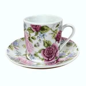 El Ganador Porcelain Floral 2 oz Demitasse Cup Saucer Pink Roses Small 2" Tall